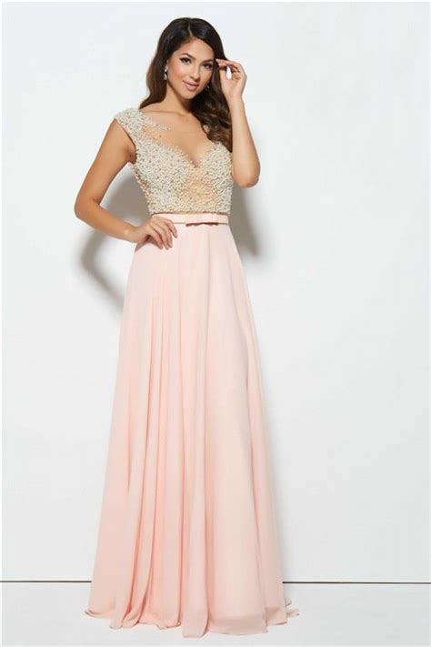 A Line See Through Neckline Low Back Long Blush Pink Chiffon Pearl Prom