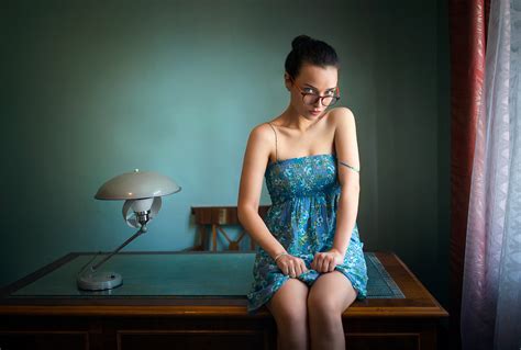 Wallpaper Sitting Desk Women With Glasses Blue Dress 1920x1293 Wallpapermaniac 1160823
