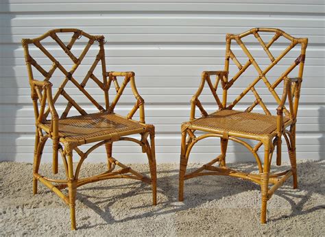 Vintage Chippendale Bamboo Rattan Chairs Mcguire Style Hollywood