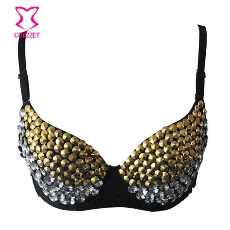 Fashion Women Sexy Gold Sliver Beading Punk Spike Push Up Gather Bras Burlesque Club Party