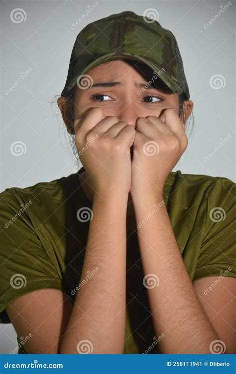 A Scared Fearful Female Soldier Stock Image Image Of Females Fear
