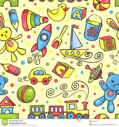 Cute Hand Drawn Vector Seamless Pattern With Toys Stock Vector