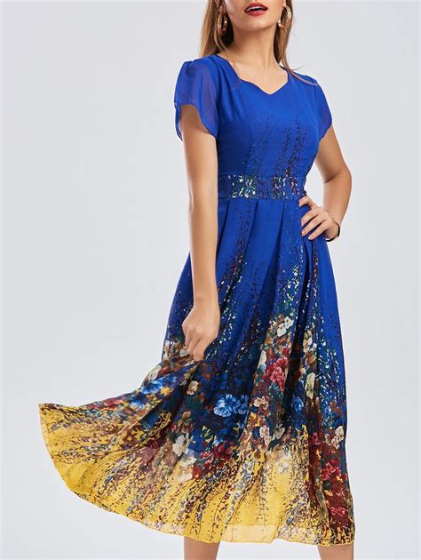 2018 Casual Bohemian Floral Flowy Midi Dress In Blue L