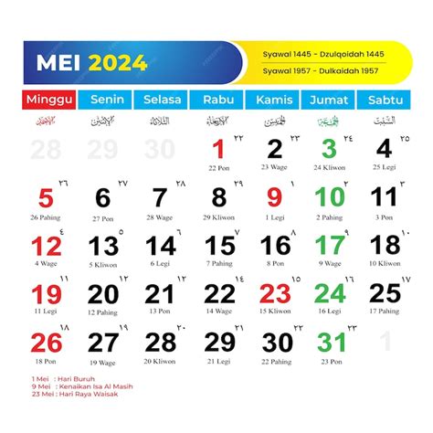 Premium Vector Kalender 2024 Mei Lengkap Dengan Tanggal Merah Cuti