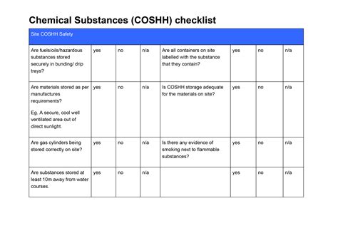 Chemical Substances Coshh Checklist Chemical Substances Substances