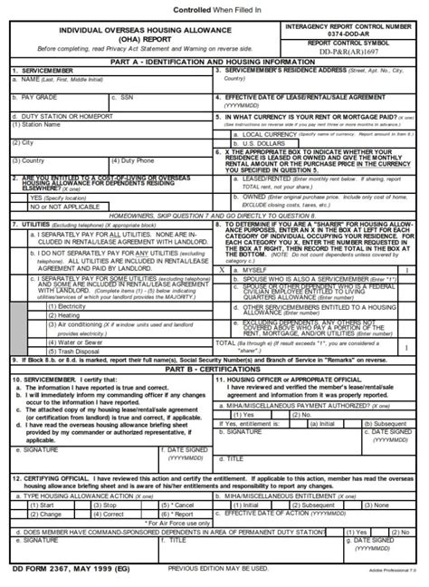 Dd Form 2367 Overseas Housing Allowance Oha Report Individual Dd