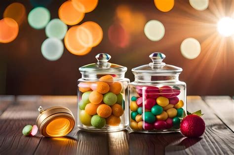 Premium Ai Image Three Glass Jars Of Candy Sit On A Table With A