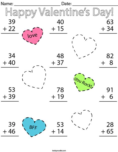 Valentines Day Double Digit Addition Math Worksheet Twisty Noodle