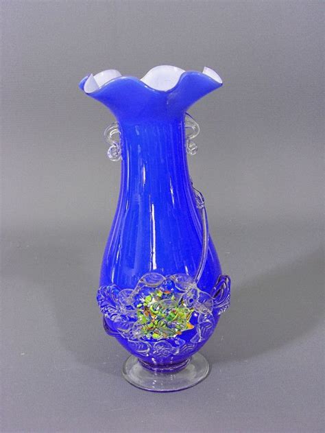 Vintage Blue Cased Glass Vase Blue Glass Vase Hand Blown Glass Vase Vintage Vase Vase
