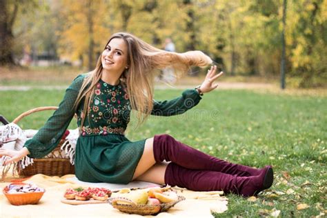 Young And Beautiful Blonde Woman Outdoors On A Picnic Stock Image