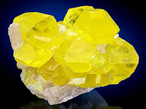 Glowing Gemmy Cluster Of Sulfur Crystals On Aragonite Matrix Yellow