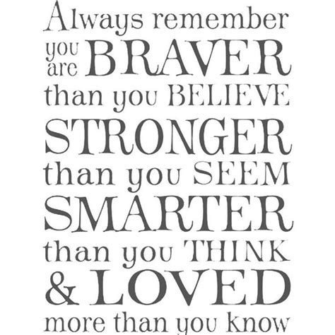 You won't understand what i mean now, but someday you will: Always remember you are braver than you believe, stronger ...