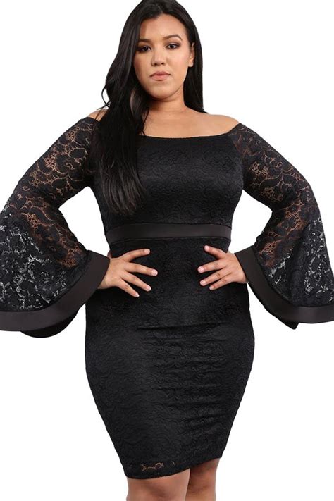 Hualong Sexy Bell Sleeve Plus Size Black Lace Dress ...
