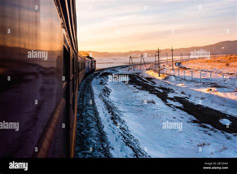 Trans Siberian Railway During The Trip In Winter With Sunset Atmosphere