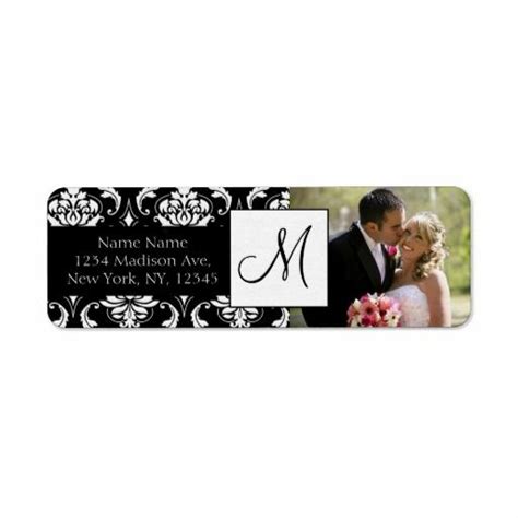 Damask Black Monogram Photo Wedding Address Labels