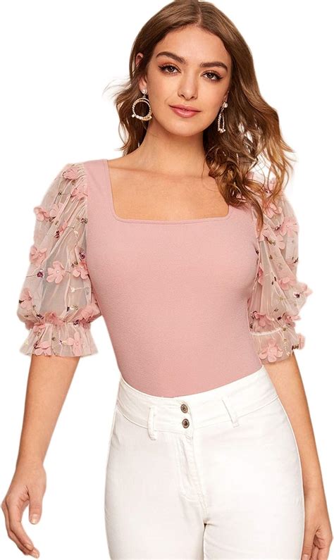 Shein Womens Appliques Mesh Short Sleeve Scoop Neck Ruffle Trim Top