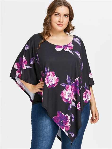 Wipalo Plus Size Floral Cape Overlay Shirt Summer Top Women O Neck
