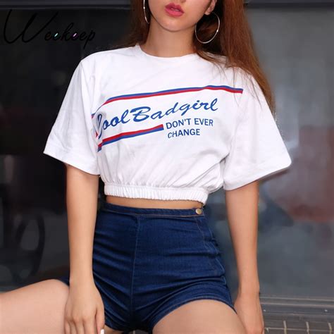 Aliexpress Com Buy Weekeep White Cropped Print T Shirt Women O Neck