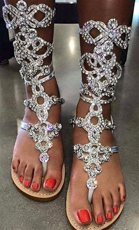 Hinyyrin Womens Rhinestone Sandals Gold Silver Gladiator Sandals Summer Flat Dress Sandals
