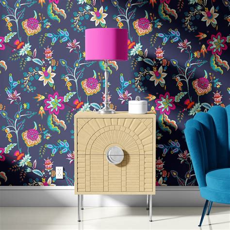 Bold Floral Wallpaper Nature Flowers Teal Hot Pink Etsy