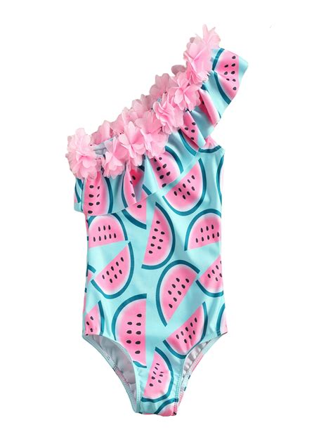Binwwede Toddler Baby Girls Swimsuit Fruit Print One Shoulder Lace