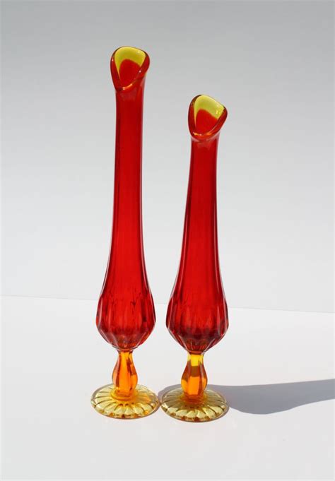 Pair Of Vintage Amberina Glass Swung Stretch Pedestal Vases Pedestal Vase Glass Glass Collection