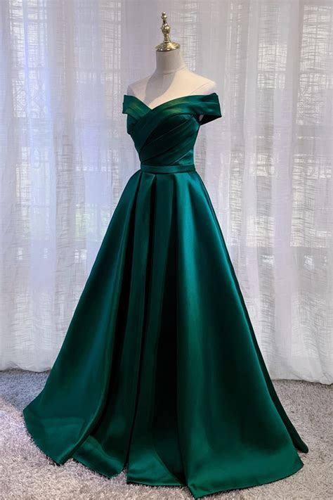 imported satin emerald green prom dresses 2021 pleated a line off shoulder vestido lace up back