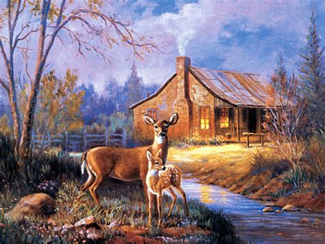 Deer Wallpaper 28013 Cabin Art Thomas Kinkade Paintings Thomas