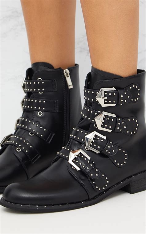 Black Pu Studded Buckle Ankle Boots Shoes Prettylittlething Il
