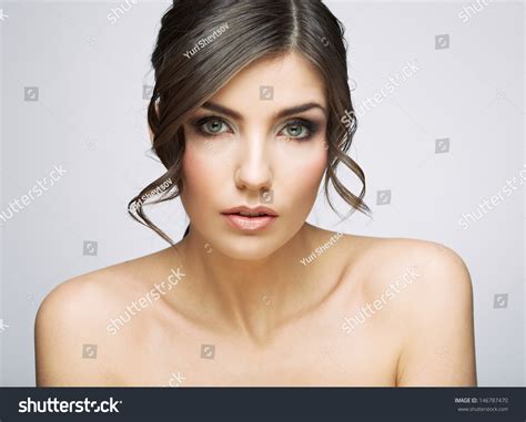 Beautiful Woman Portrait Nude Shoulders Female Model Studio Posing Stock Photo