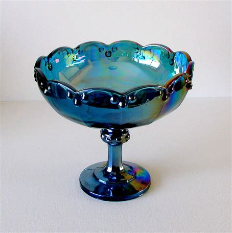 Vintage Blue Carnival Glass Pedestal Bowl Compote Teardrop Etsy