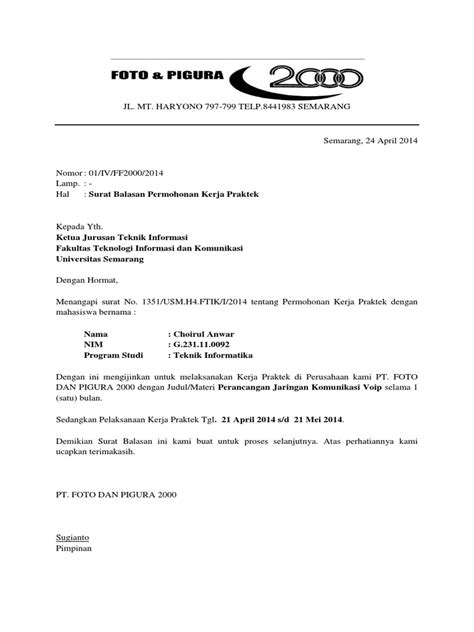 May 26, 2021 · balasan. Contoh Surat Balasan Magang Dari Perusahaan - Contoh Surat ...