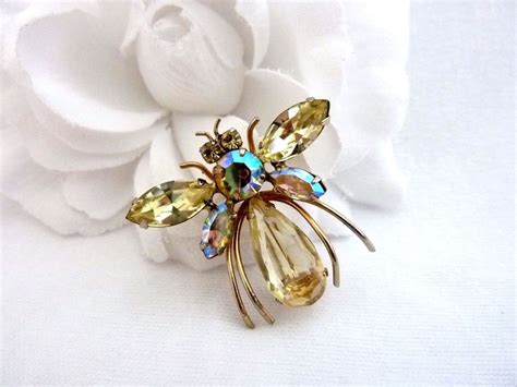 Vintage Signed Regency Yellow And Ab Rhinestone Bug Pin Brooch Insect Bee