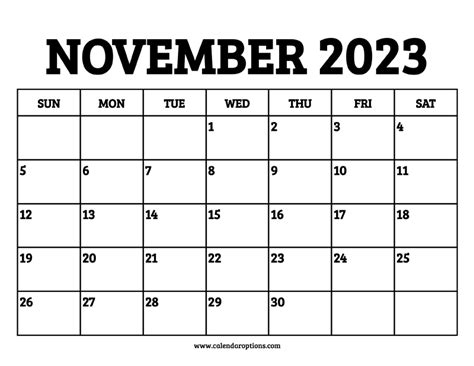 November 2023 Calendar Printable Calendar Options