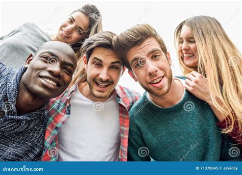 Multiracial Group Of Friends Taking Selfie Stock Image Image Of