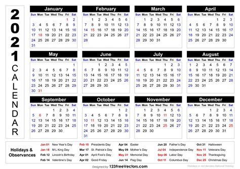 2021 Calendar With Holidays Printable Word Pdf Riset