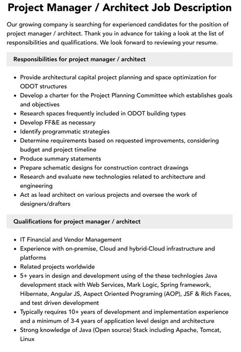 Project Manager Architect Job Description Velvet Jobs