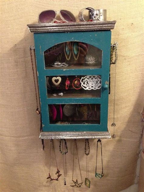 Upcycled Jewelry Organizing Display Teal Blue Grey Cabinet Etsy