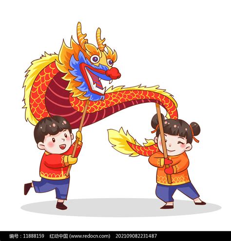 红色双人简笔小年舞龙春节插画素材 人物插画图片 插画图片 第32张 红动中国
