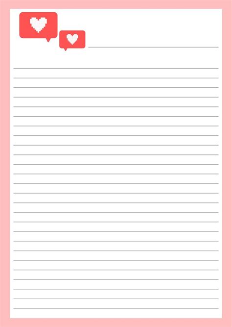 Two Red Hearts Are On Lined Paper With White Writing And Pink Border