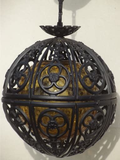 60s Vintage Globe Pendant Light Retro Amber Glass Gothic Spanish Iron