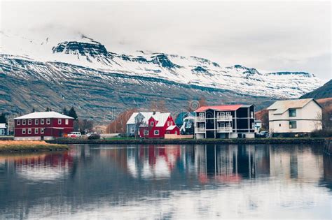 Scenic View Of Small Town Seydisfjordur On East Iceland The