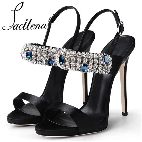 Crystal Sapphire Diamond Black Sandal Women Crystal Sandals Elegant