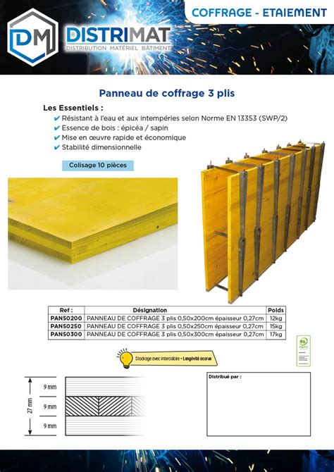 PANNEAU DE COFFRAGE 3 PLIS 0.50 X 2.50 M EPAISSEUR 2.70 CM – DISTRIMAT