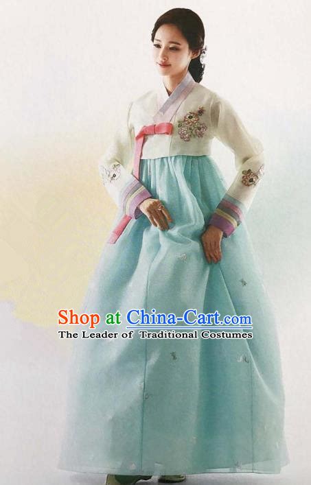 Traditional Korean Handmade Embroidery Bride Hanbok Blue Full Dress