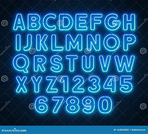 Neon Rounded Blue Font Glowing Alphabet With Numbers Stock Vector