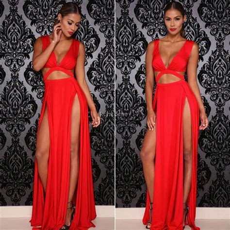 Women Sexy Low Cut V Neck Party Club Double High Splitslit Cocktail