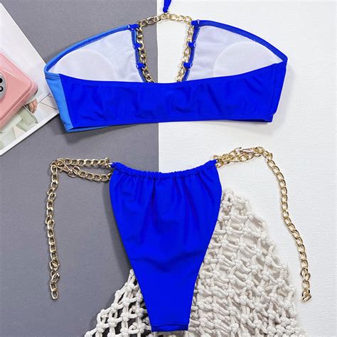 tropical two tone chain strap cutout halter brazilian two piece bikini brazilian bikini swimsuits