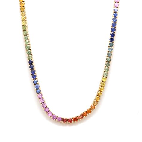 Rainbow Sapphire Tennis Necklace Choker K Solid Gold Etsy