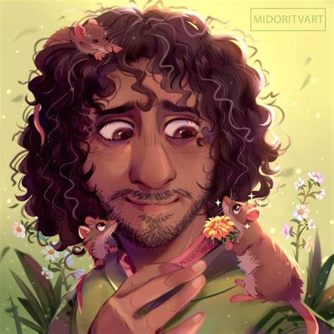 A Painting Of A Man With Curly Hair Holding A Flower In Front Of His Face
